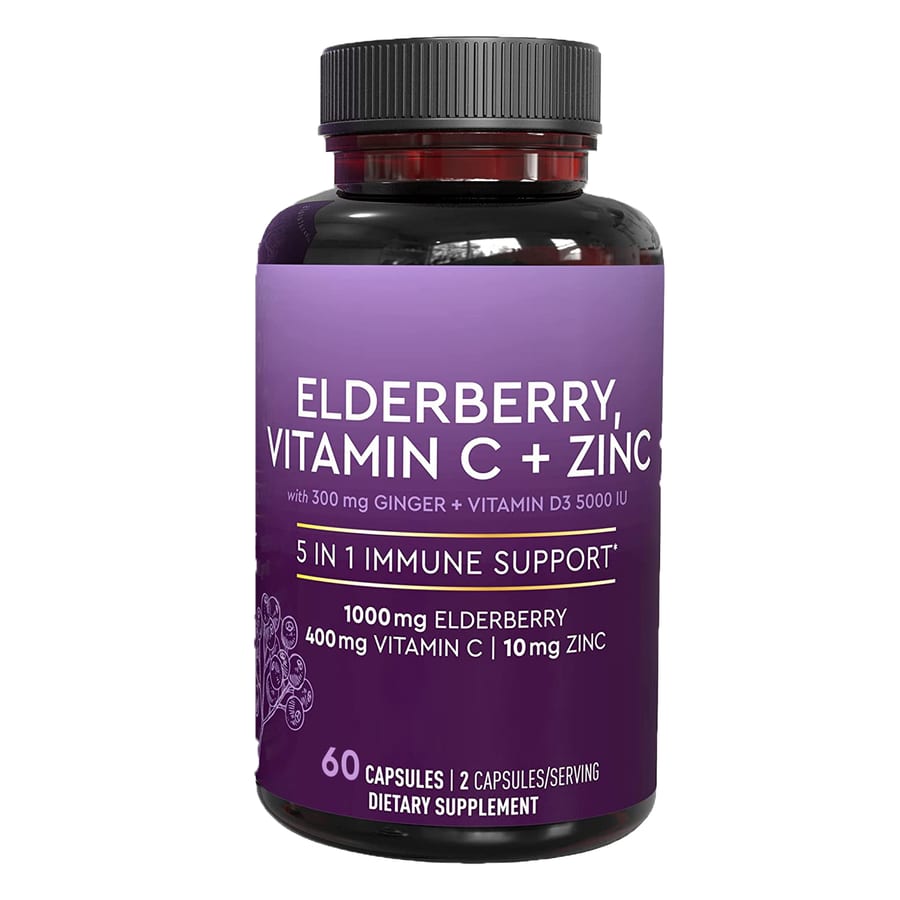 Elderberry, vitamin C and zinc capsules in a 60-count bottle