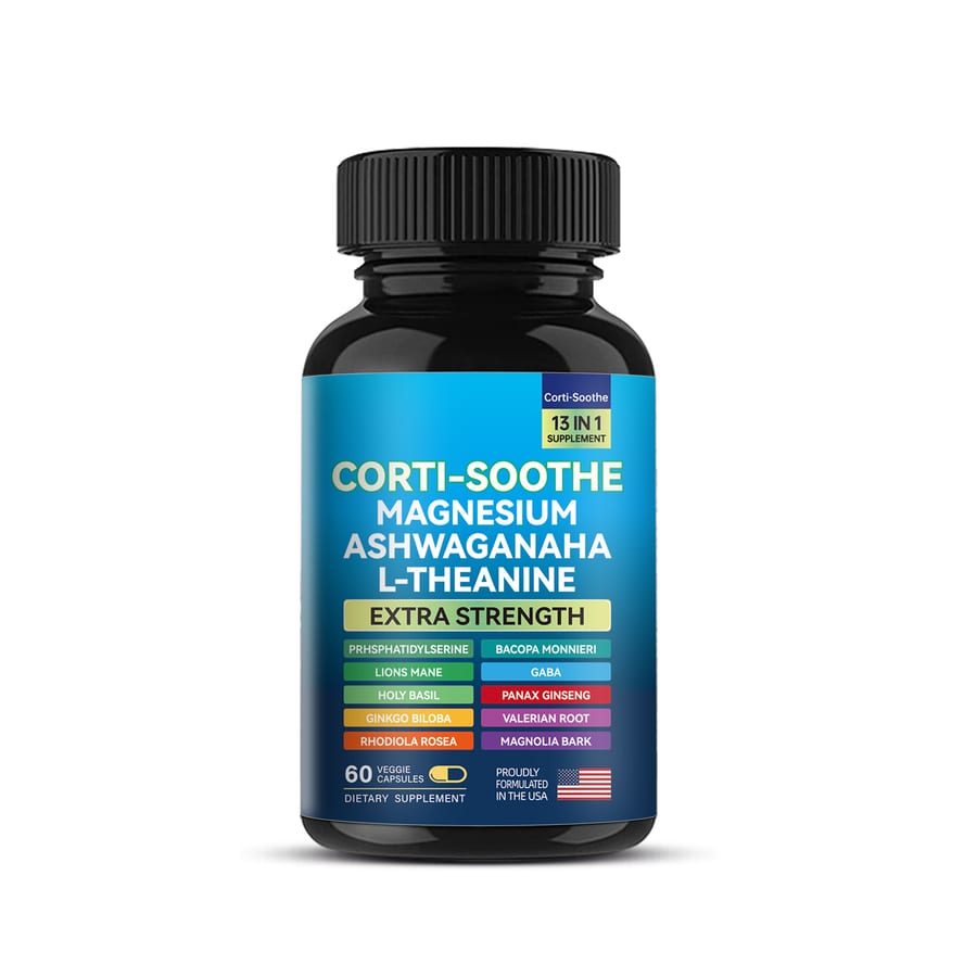 Magnesium and ashwagandha capsules in a 60-count bottle