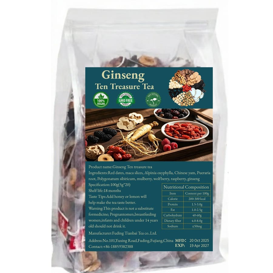 Ginseng ten-treasure blend tea in a clear pouch with a brewed cup
