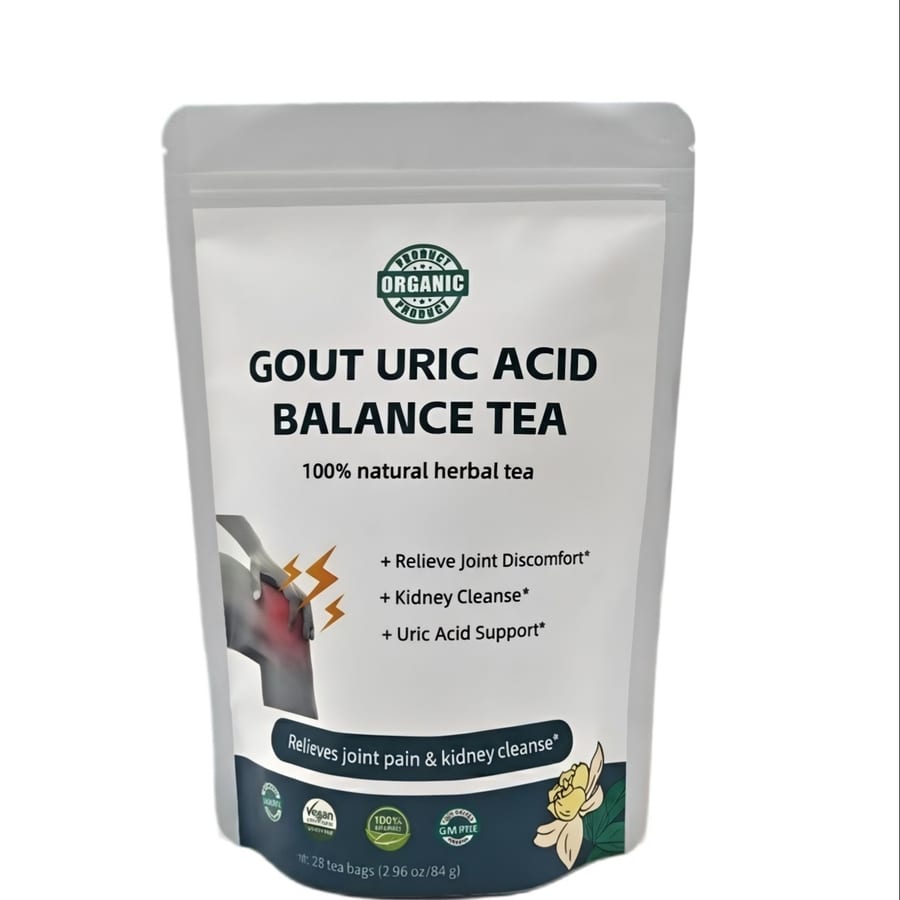 Herbal blend tea in a white stand-up pouch with 25 tea bags